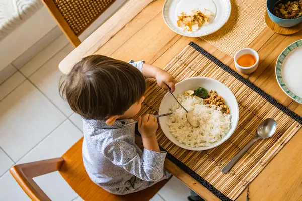 Niño pequeño comiendo arroz y carne en la mesa, reflejando el sustento básico cubierto gracias a la pensión de alimentos.